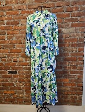 Leslie Fay Blue and Green Floral Maxi Shirt Dress